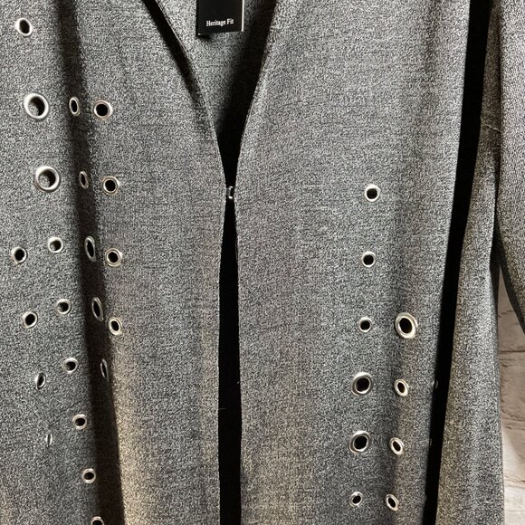 Misook Knit Jacket Duster Sz 0X Gray Long Open-Front Grommet Eyelet Details - Picture 5 of 10
